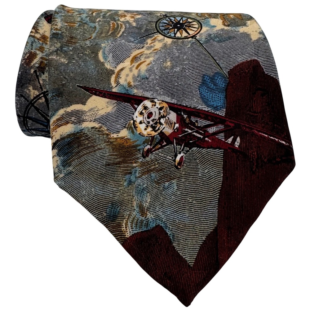 Vtg Van Heusen Silk Tie Mens Americana Series Circling Globe 1937 Aviation USA